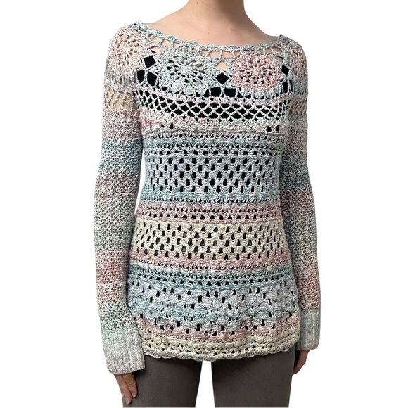 Free People Crochet Sweater Open Knit Colorful Boho Fairy Pastel Size Small - Picture 7 of 7
